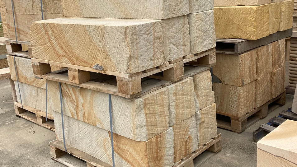 Natural sandstone blocks used for retaining wall construction